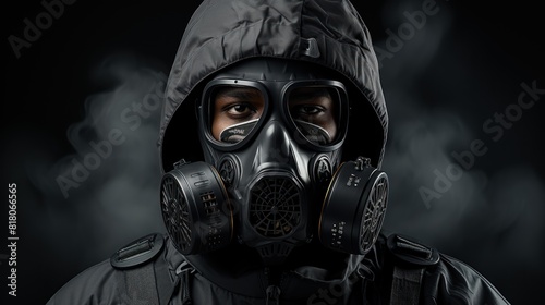 Survivor Man Wearing Gas Mask in Industrial Setting with Dark Smoky Background