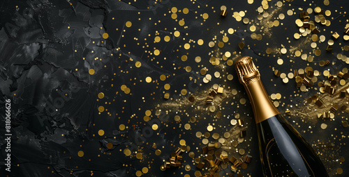 new year background with golden confetti and champagne bottle on black, flat lay composition, top view, copy space concept for festive greeting card or party invitation design banner 