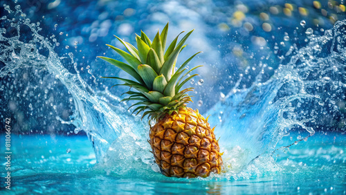 A ripe pineapple chunk plunging into a pool, creating a tropical splash 
