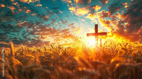 glowing christian cross in a golden wheat field at magical sunset symbol of faith and hope digital illustration