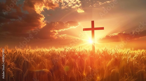 glowing christian cross in a golden wheat field at magical sunset symbol of faith and hope digital illustration