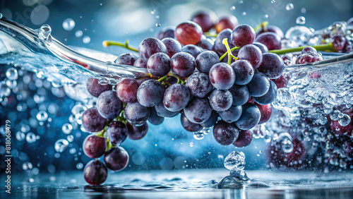 A close-up of ripe grapes plunging into water, showcasing their succulence 