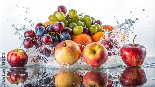 Fruits like grapes, apples, and peaches immersed in water, radiating a sense of crispness against a backdrop of pure white