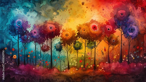 Surreal watercolor artwork featuring a fantasy garden filled with whimsical flowers in vibrant rainbow colors