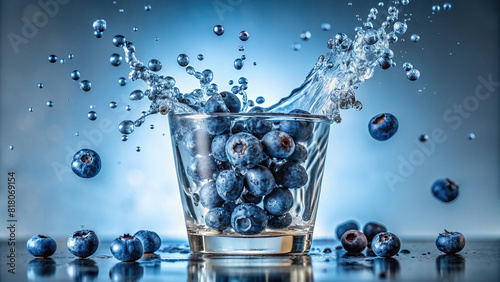 Fresh blueberries dropping into a glass of water, with tiny splashes captured in motion 
