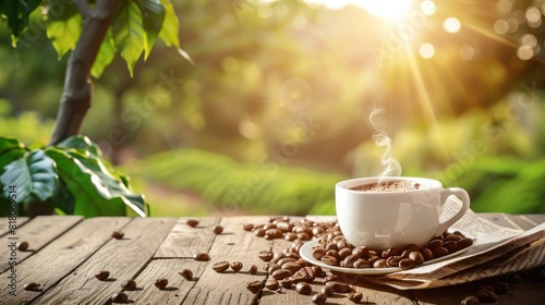 A hot of coffee drink cup and coffee beans on newspaper at wooden table with nature background.