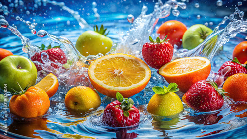 Juicy fruits submerged in a pool of water, sending ripples and droplets everywhere 