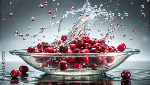 A handful of cranberries falling into a shallow dish of water, creating a captivating splash