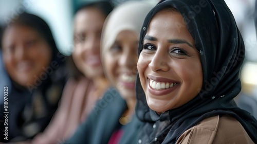 happy diverse team of coworkers in inclusive office meeting smiling hijabi woman