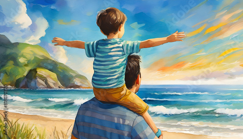 Joyful happy the child sits on the shoulders of his father together on the beach, Generative AI.