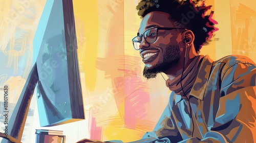 happy young black man working remotely virtual video team meeting digital nomad concept digital painting