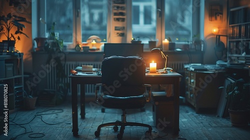 An empty office chair facing a cluttered desk with a lone candle burning, symbolizing solitude and the quiet persistence of working late hours