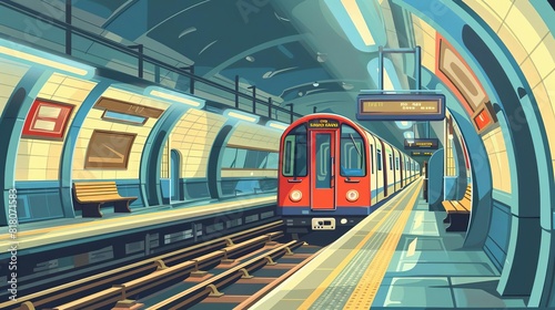 historic london underground station with iconic tube train vintage architectural interior retro style illustration