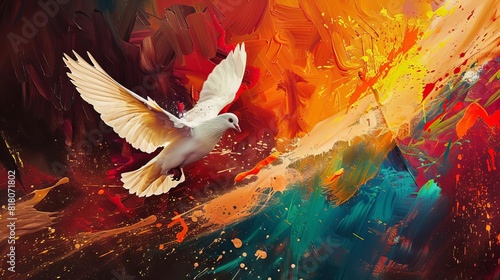 holy spirit represented as a white dove flying in flames with vibrant paint splashes