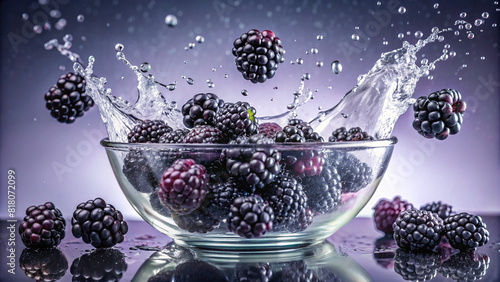A handful of blackberries being tossed into a bowl of water, releasing deep purple splashes 