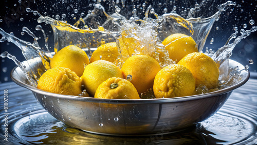 A handful of zesty lemons being submerged in a basin of water, causing invigorating splashes 