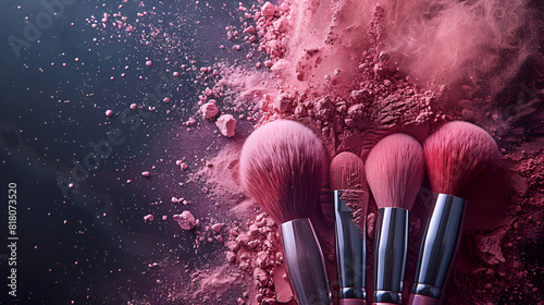 Makeup Cosmetic Brushes with Powder Blush, Make up cosmetic brush with pink powder blush explosion skin care or fashion concept background 