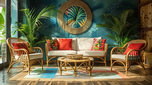 Tropical-themed living room with rattan furniture, palm leaf prints, and vibrant colors, relaxing and exotic