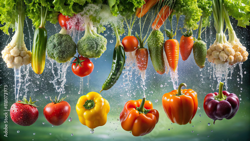 Fresh vegetables suspended in mid-air as water droplets cascade over them, highlighting their natural crispness and purity