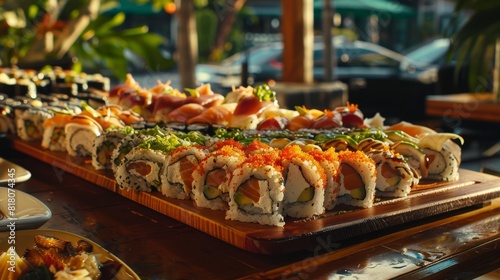 A beautifully prepared sushi platter on a wooden tabletop
