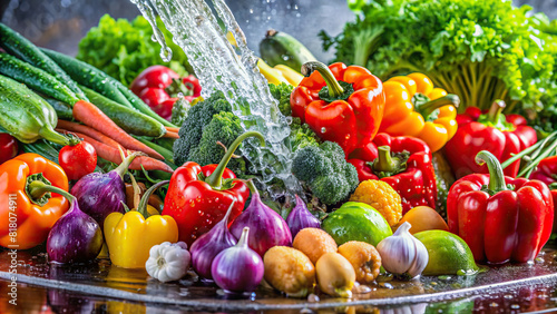 An assortment of vibrant vegetables getting a thorough rinse under running water, showcasing their crispness and natural allure 