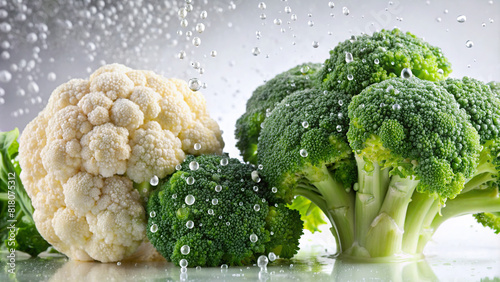 Close-up shot of broccoli and cauliflower being showered with water droplets against a white background, symbolizing purity and wholesomeness 