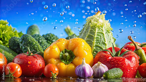 Close-up shot of water droplets dancing over a selection of vibrant vegetables, accentuating their crispness and freshness against a backdrop of clear blue skies