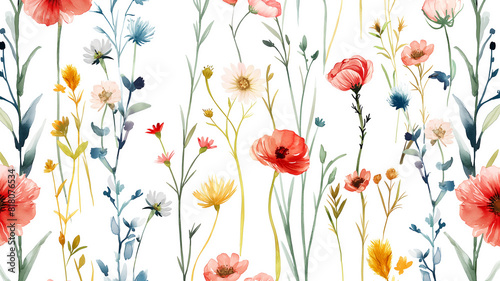 ilustración estilo acuarelas sobre flores del campo fondo blanco