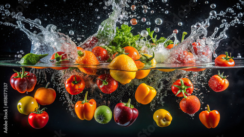 Fresh produce submerged in water with splashes and bubbles, emphasizing their crispness on a dark background