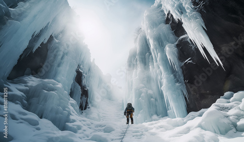 Ice climbers dressed in warm climbing clothes, safety harnesses and helmet climb frozen vertical waterfalls belaying each other using belay device. . Active people and sports activities concept image