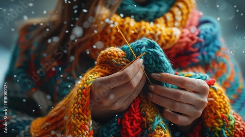 Closeup of hands knitting a colorful scarf, yarn and needles in focus, cozy indoor background, copy space for text