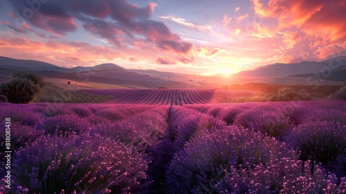 A field of lavender with a sunset in the background
