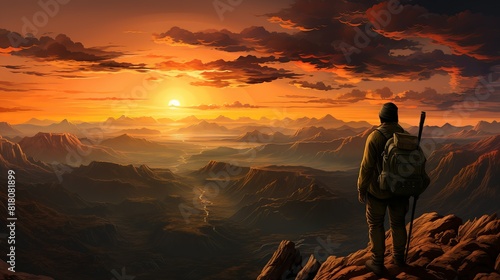 Lifestyle Concept, A solo traveler photographing a stunning sunset over a desert landscape. surrealistic Illustration image,