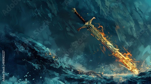 legendary flaming sword stuck in stone fantasy medieval blade awaiting chosen hero digital painting