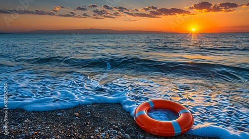 lifebuoy on the shore at sunset concept photo for safety and rescue