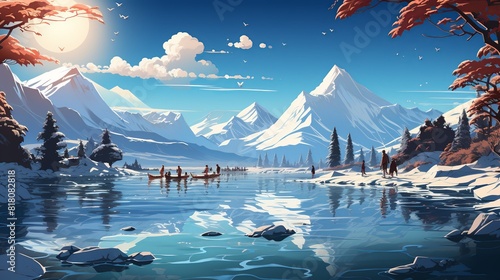 Lifestyle Concept, Friends splashing in a natural hot spring surrounded by snowy mountains. surrealistic Illustration image,