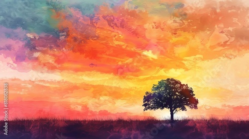 lone tree silhouetted against vibrant sunset sky tranquil landscape scene digital watercolor painting