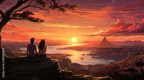 Lifestyle Concept, A couple embracing each other as they watch the sunset from a cliffside viewpoint. surrealistic Illustration image,
