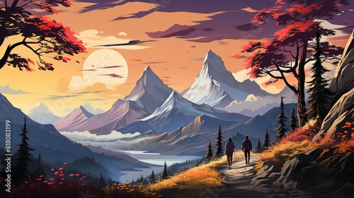 Lifestyle Concept, A couple holding hands while walking along a scenic mountain trail. surrealistic Illustration image,