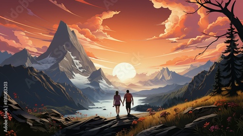 Lifestyle Concept, A couple holding hands while walking along a scenic mountain trail. surrealistic Illustration image,