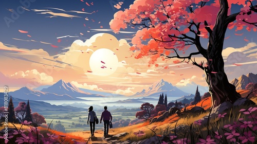 Lifestyle Concept, A couple taking a romantic stroll through a charming countryside village. surrealistic Illustration image,