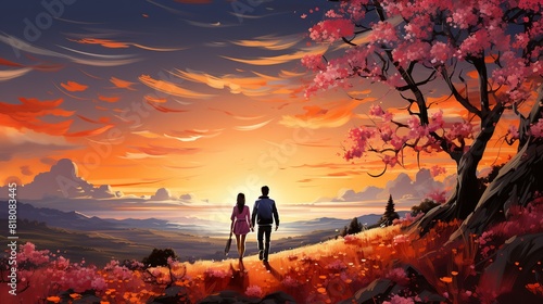 Lifestyle Concept, A couple taking a romantic stroll through a charming countryside village. surrealistic Illustration image,
