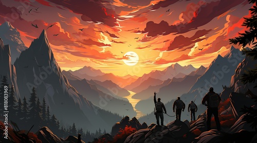 Lifestyle Concept, A group of hikers raising their arms in triumph upon reaching a mountain peak. surrealistic Illustration image,