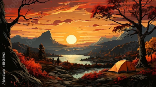 Lifestyle Concept, A man pitching a tent in a scenic campground surrounded by towering trees. surrealistic Illustration image,