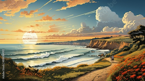 Lifestyle Concept, A person laughing while riding a bicycle along a scenic coastal path. surrealistic Illustration image,