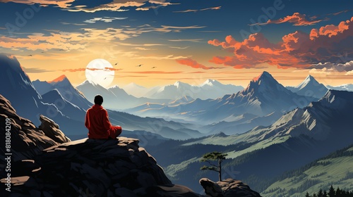 Lifestyle Concept, A person meditating on a rocky mountaintop, surrounded by panoramic vistas. surrealistic Illustration image,