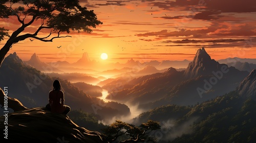 Lifestyle Concept, A person practicing yoga on a peaceful mountaintop at sunset. surrealistic Illustration image,