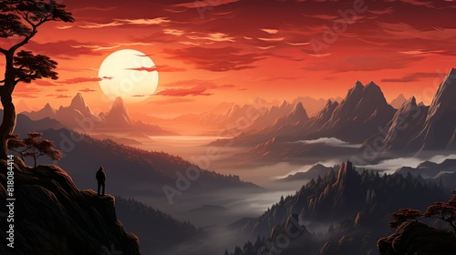 Lifestyle Concept, A person practicing yoga on a peaceful mountaintop at sunset. surrealistic Illustration image,