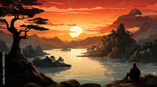 Lifestyle Concept, A solo traveler enjoying the sunrise on a serene beach. surrealistic Illustration image,