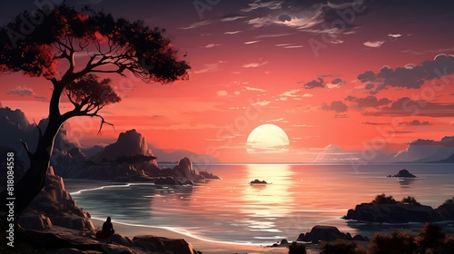 Lifestyle Concept, A solo traveler enjoying the sunrise on a serene beach. surrealistic Illustration image,